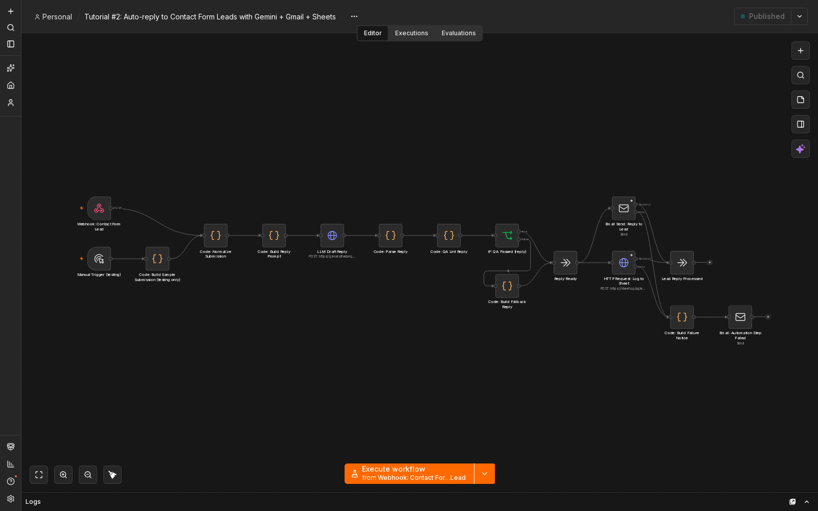 Screenshot of the real n8n workflow canvas for this contact form auto-reply build