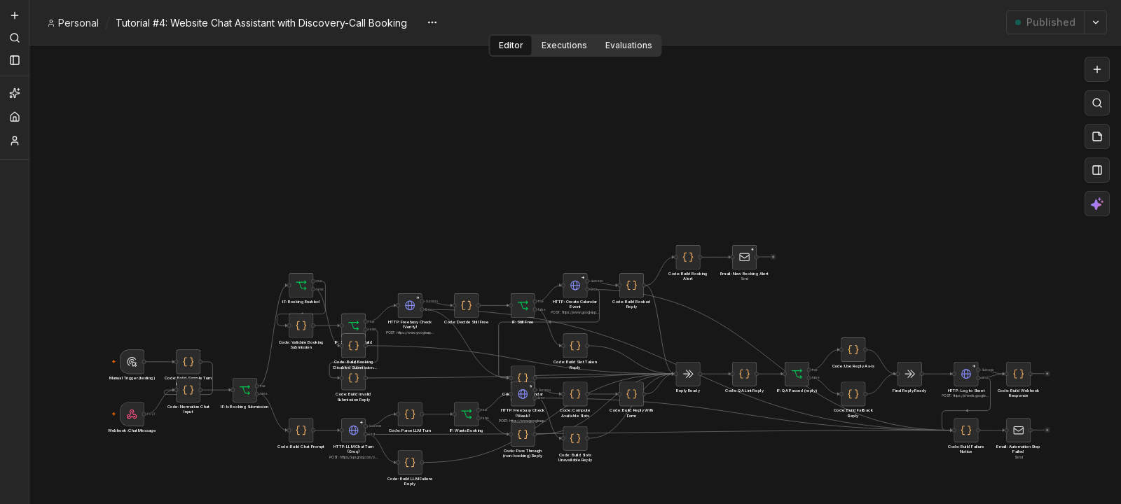 Screenshot of the real n8n workflow canvas behind this AI chat widget booking build